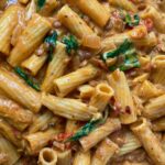 a pan containing creamy vegan lentil pasta