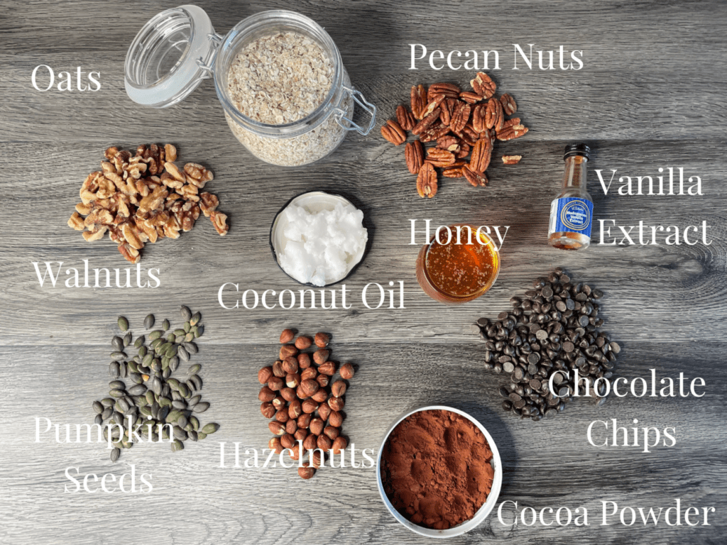 Ingredients on a table. Ingredients for chocolate nutty granola. 