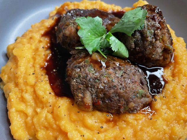 Beef Meatballs With Creamy Sweet Potato Mash